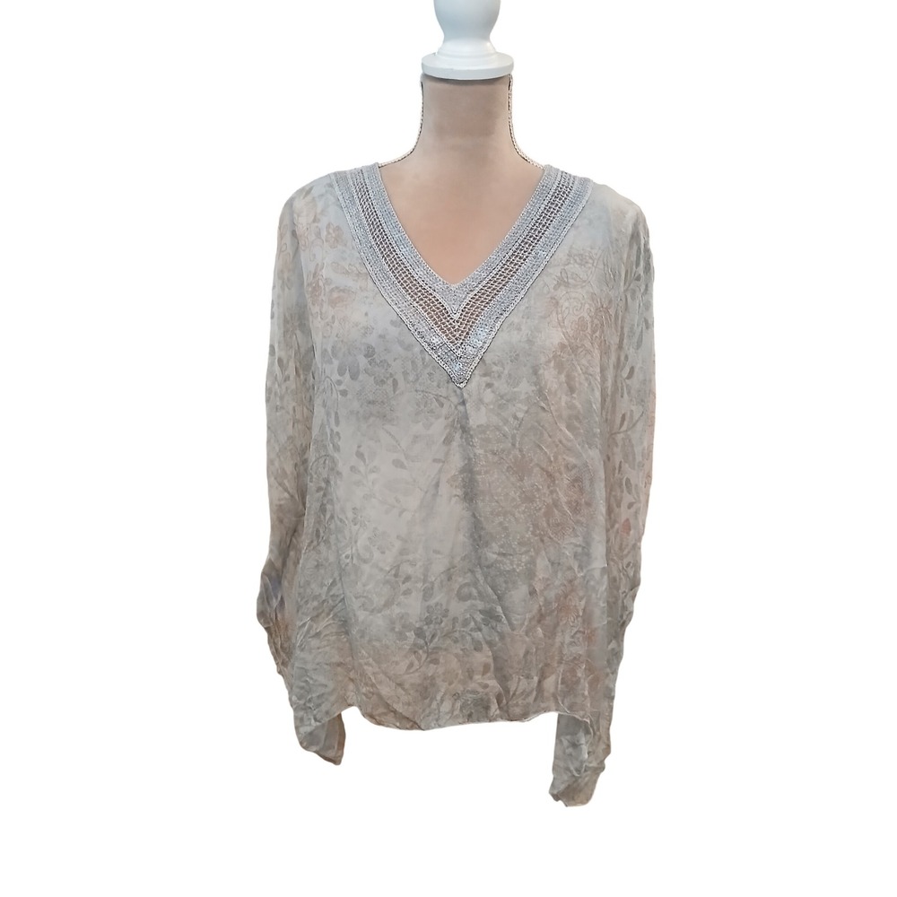 Tempo Paris Sheer Floral V-Neck Blouse Crochet Sequin Grey Blue Boho Top Flowy
